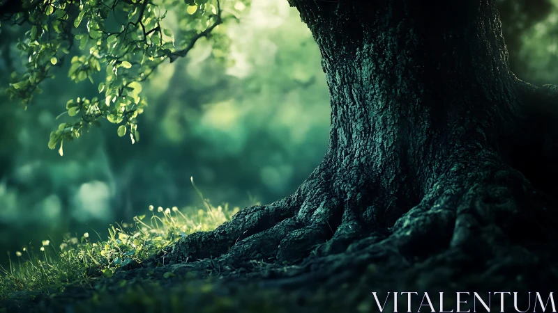Ancient tree trunk in dreamy forest, soft green lighting, nature art.