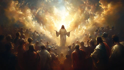 Radiant messianic ascension amid luminous storm clouds.