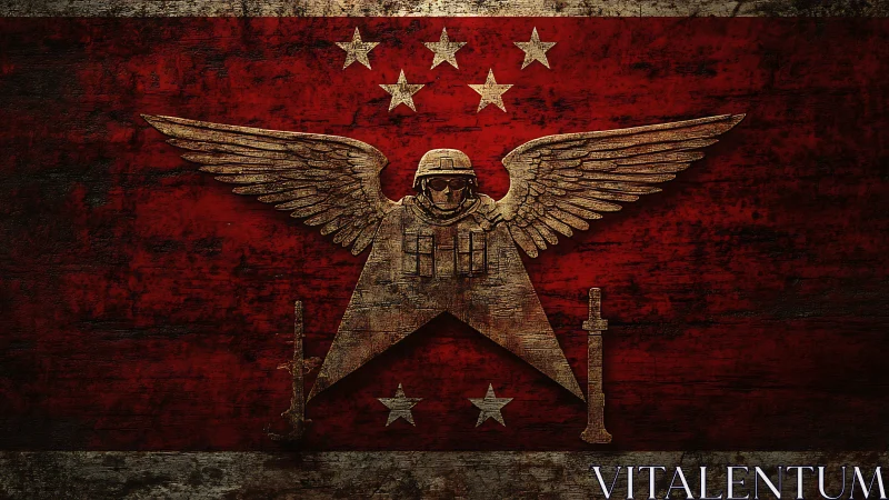 Winged warrior emblem on weathered crimson battle banner.