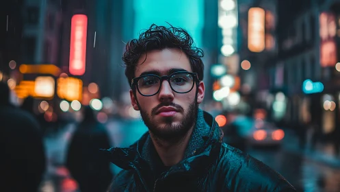 Neon drizzle wanderer pausing beneath electric city glow.