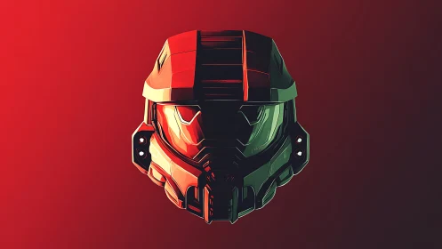 Bold sci fi combat helmet glows against a moody red void