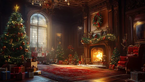 Grand manor Christmas salon with glowing tree and hearth.