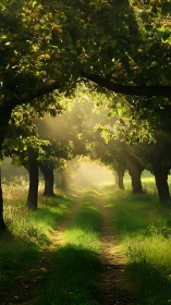 Sunlit orchard path leads through tunnel of green foliage