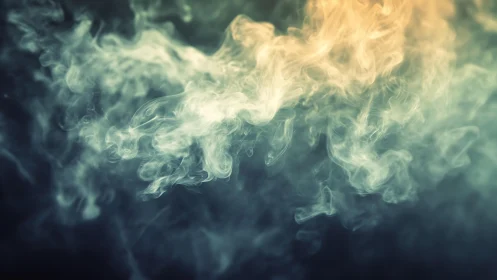 Abstract swirling smoke in blue and gold hues, soft focus digital art.