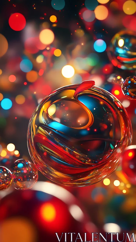 Luminous glass orb floats amid vibrant abstract bokeh lights.