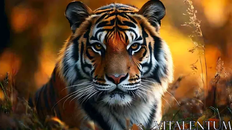Majestic tiger portrait in autumn bokeh light and warm tones.