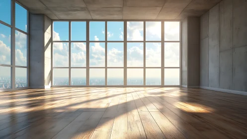 Sunlit penthouse loft with panoramic city window wall.