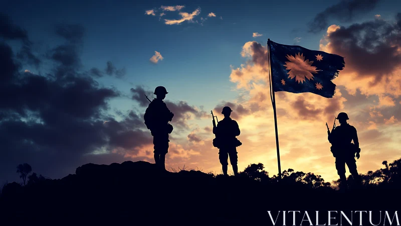 Soldier silhouettes guard battle flag at burning sunset sky