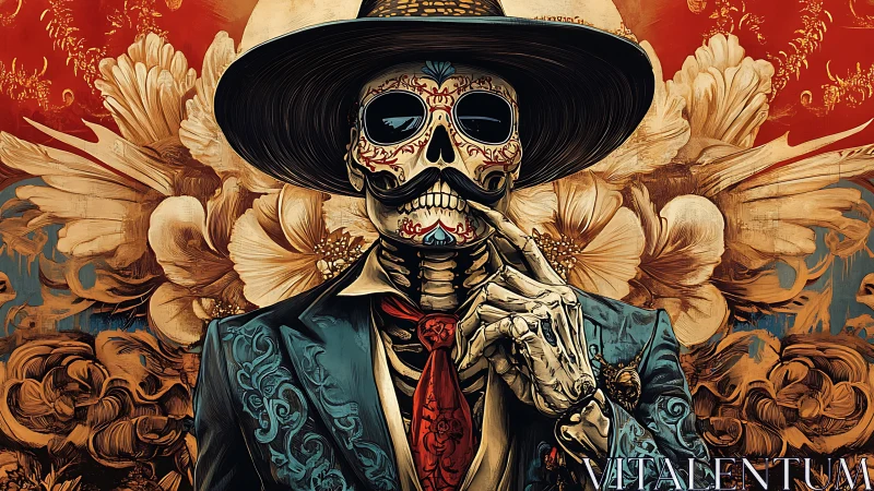 Dapper calavera gentleman in teal suit and floral backdrop.