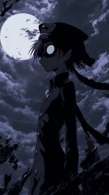 Silhouetted anime figure stands under bright full moon