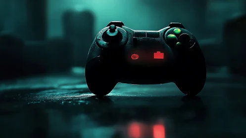 Gaming Controller in Neon Darkness Glows with Cyberpunk Atmosphere