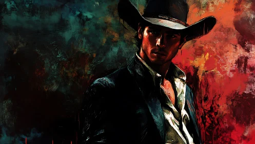 Brooding cowboy in fiery abstract night sky colors.