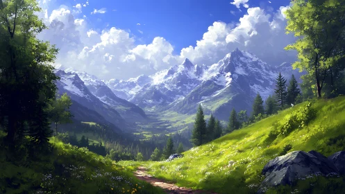 Mountain valley landscape under bright summer sky.