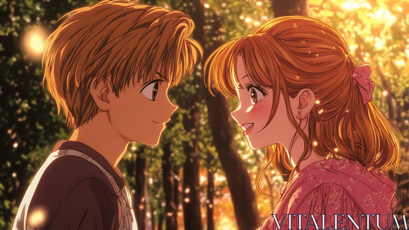 Sunlit anime couple sharing tender smiles in forest glow.