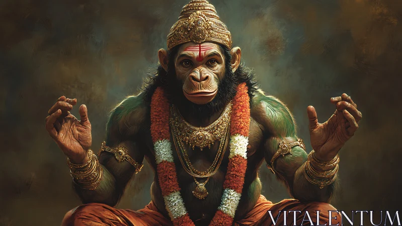 Simian deity portrait with hyperreal ritual regalia detailing.