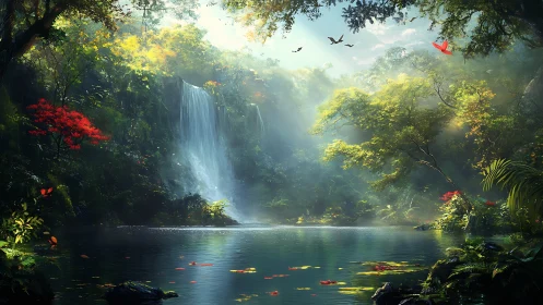 Whispering jungle cascade over a mirrorbright emerald pool.