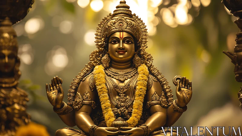 Polished golden deity sculpture with intricate embossed ornaments