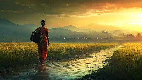 Rice field sunset walks homeward through liquid gold light