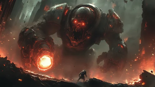Colossal infernal mech towers over lone combatant in ruins