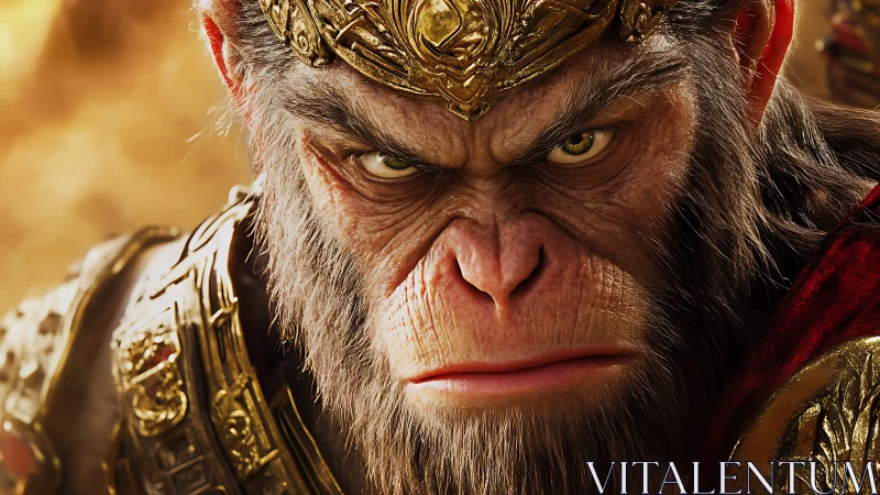 Warrior monkey king glares forward in molten golden light