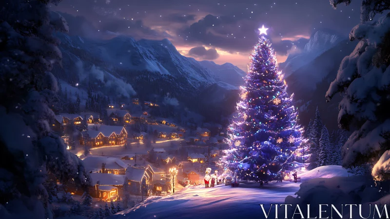 Snow-kissed alpine village circling a luminous Christmas giant.