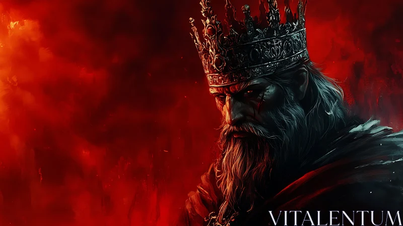 War-scarred monarch in high-contrast infernal chromatics.