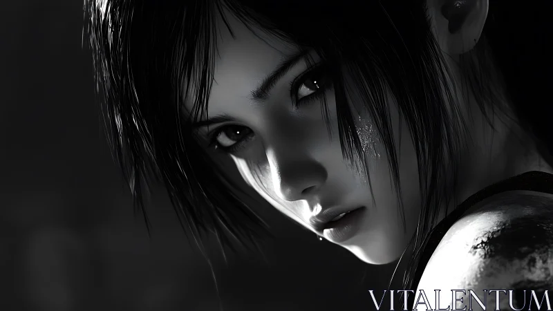 Monochrome digital portrait isolates a reflective female gaze