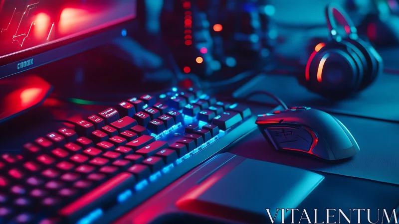 RGB gaming keyboard and mouse glow under neon studio lighting