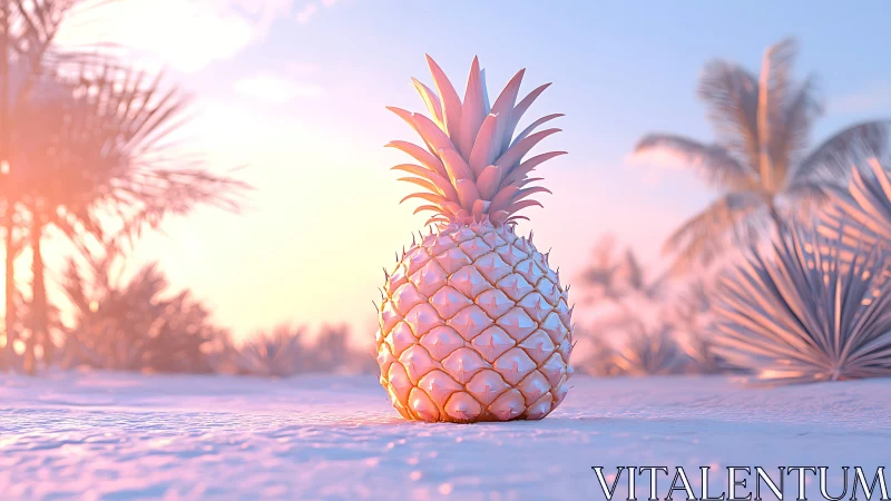 Iridescent pastel pineapple render on sunlit tropical beach