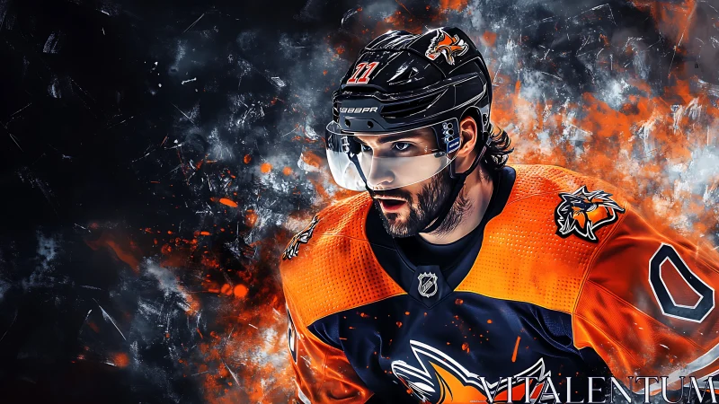 Fiery digital portrait captures intense ice hockey focus