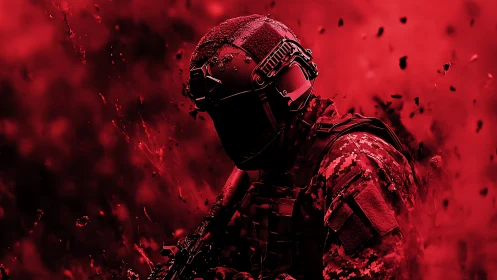Tactical soldier silhouette emerges in red explosive digital haze