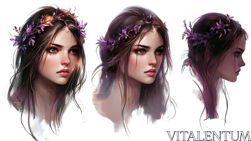 Triple portrait study of floral-crowned young woman profiles