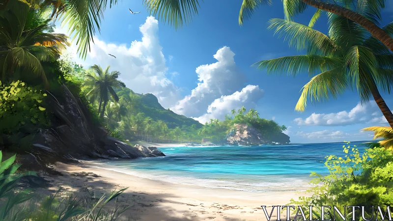 Tropical Beach Cove with Palm Trees and Turquoise Waters