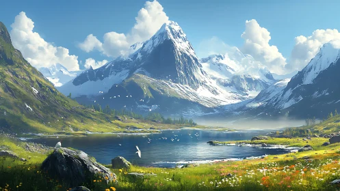 Sunlit mountain lake welcomes quiet birds and wildflowers