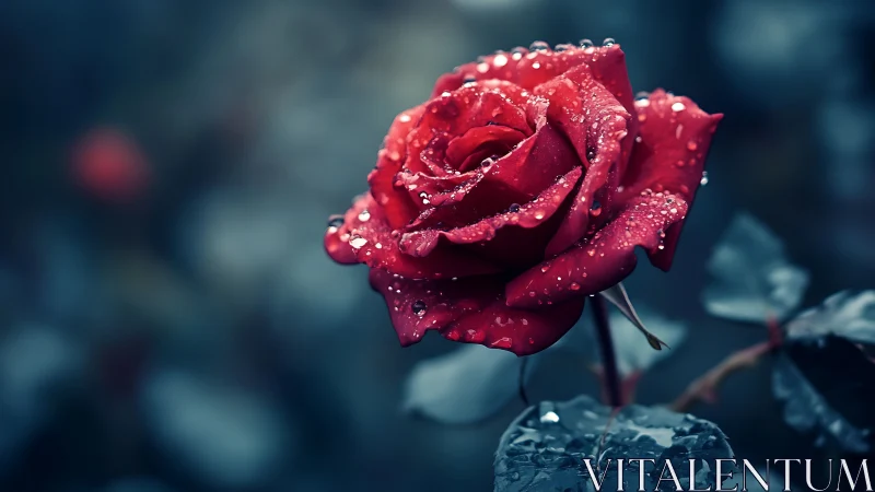 Photorealistic crimson rose macro with dewy petal detailing.