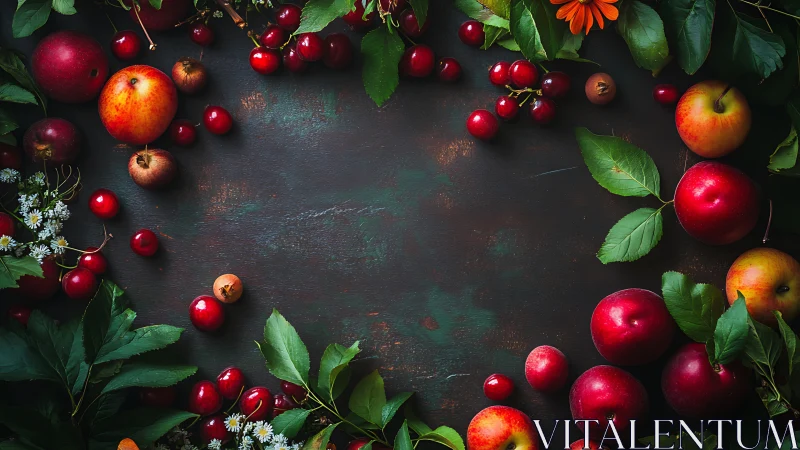 Fresh red apples and cherries around dark rustic background.
