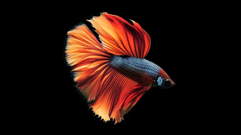 Orange and red betta fish is isolated against black background