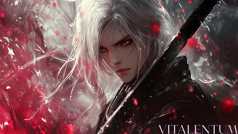 White haired swordsman dominates storm of crimson petals.