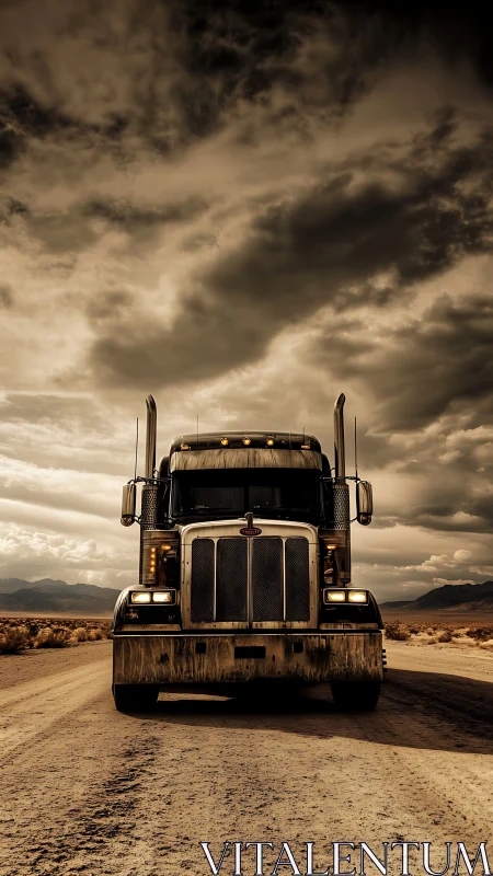 Powerful semi truck dominates a dusty desert highway scene.