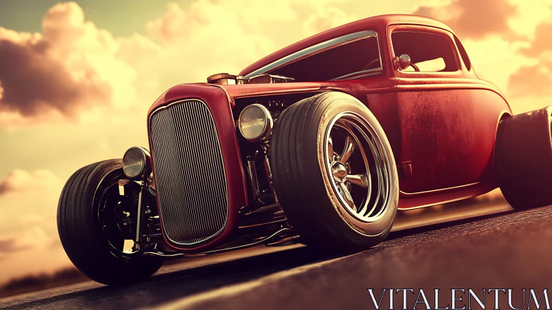 Sunset outlaw hot rod prowls the open asphalt horizon.