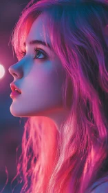 Neon-dreamer profile bathed in electric pink twilight glow.