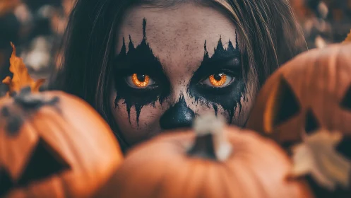 Haunting Halloween stare behind pumpkins in warm bokeh field.