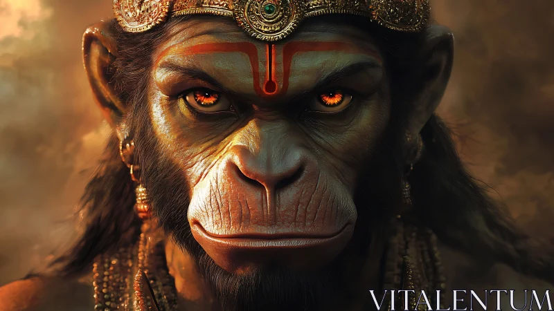 Fiery eyed monkey warrior gazes forward with quiet strength