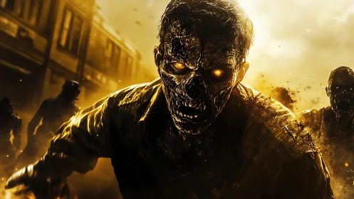 Aggressive molten-eyed zombie horde in golden urban backlight