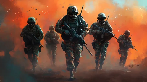 Combat squad advances through blazing battlefield haze.