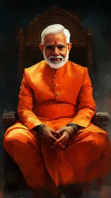Chromatic seated elder in saffron attire on carved throne.