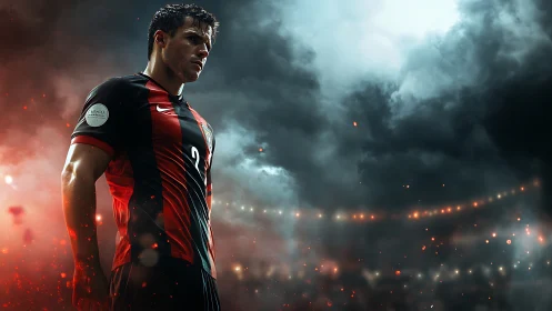 Stadium-lit football striker amid atmospheric storm haze.