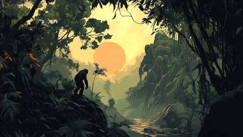 Gentle giant wandering through a misty jungle sunrise.