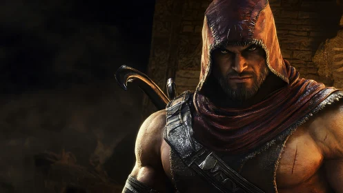 Hooded desert warrior glares forward under low warm light