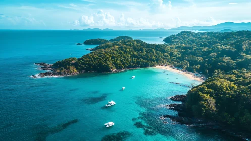 Tropical archipelago aerial view with moored vessels.